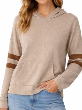 Crosby & Howard Merino Wool Blend Hoodie L Beige Stripe Sleeve Soft